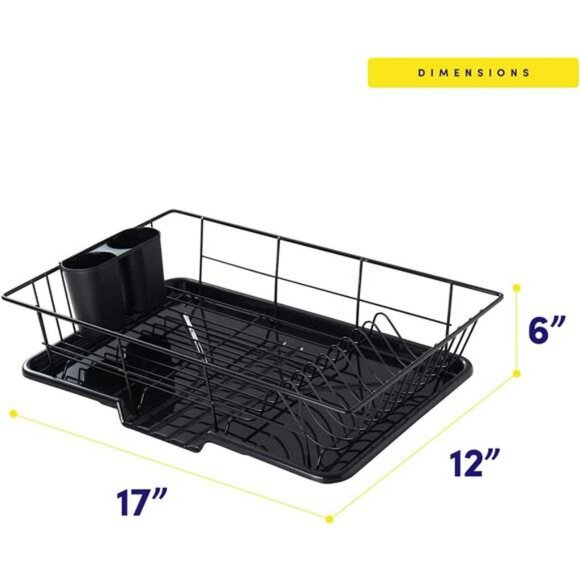 Black 3 Piece Dish Drying Rack Set with Cutlery Holder Drip Tray for Kitchen - Picture 2 of 7